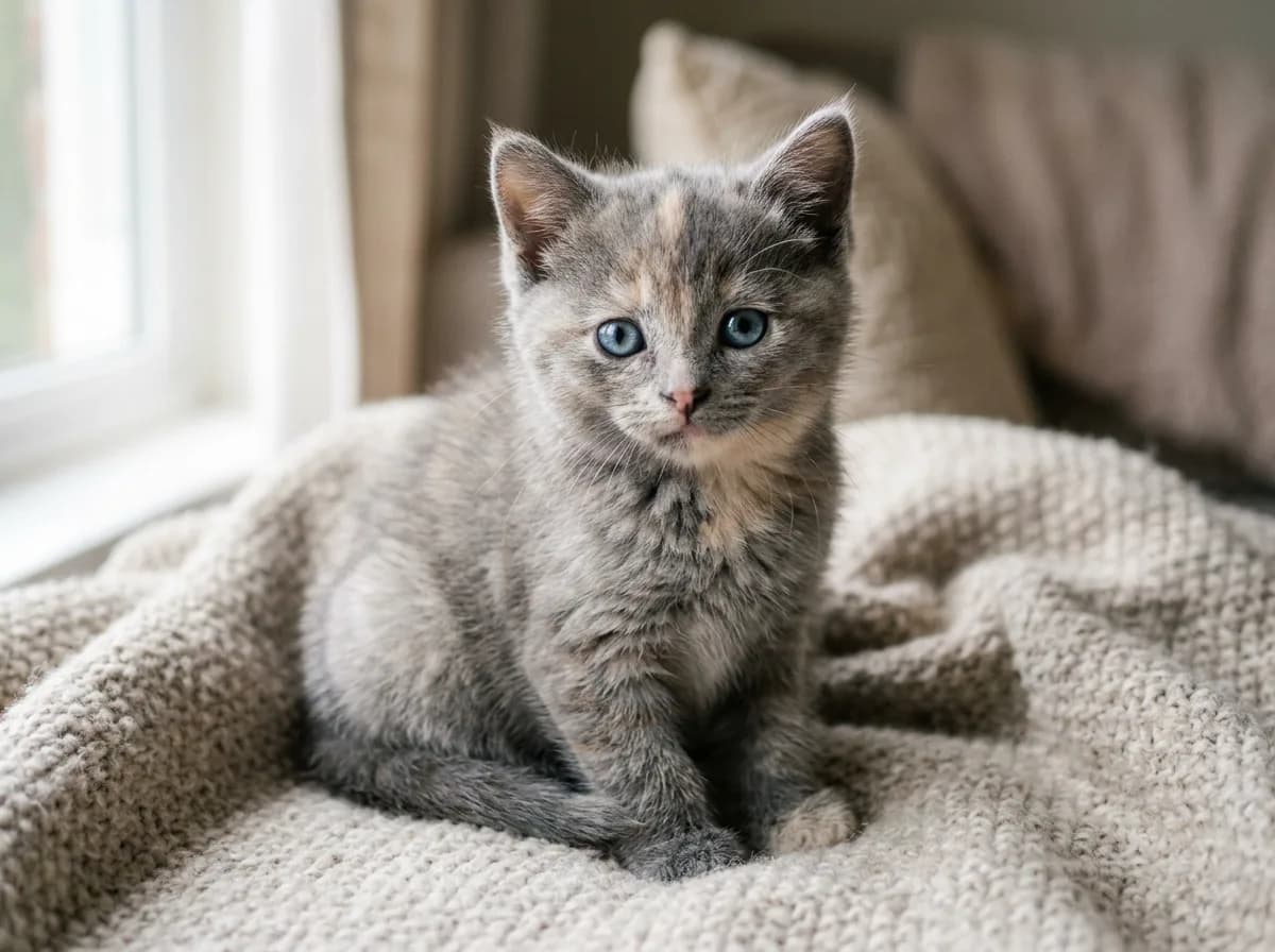 A young dilute tortoiseshell kitten with soft blue-gray and cream patches and blue kitten eyes, sitting and looking at the camera
