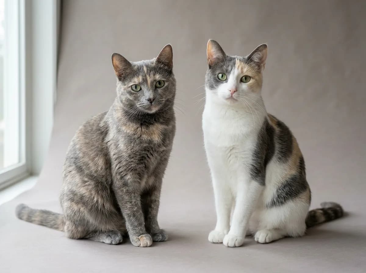 Side-by-side of a blue-cream dilute tortoiseshell cat with little white next to a dilute calico cat that is mostly white with separate blue and cream patches