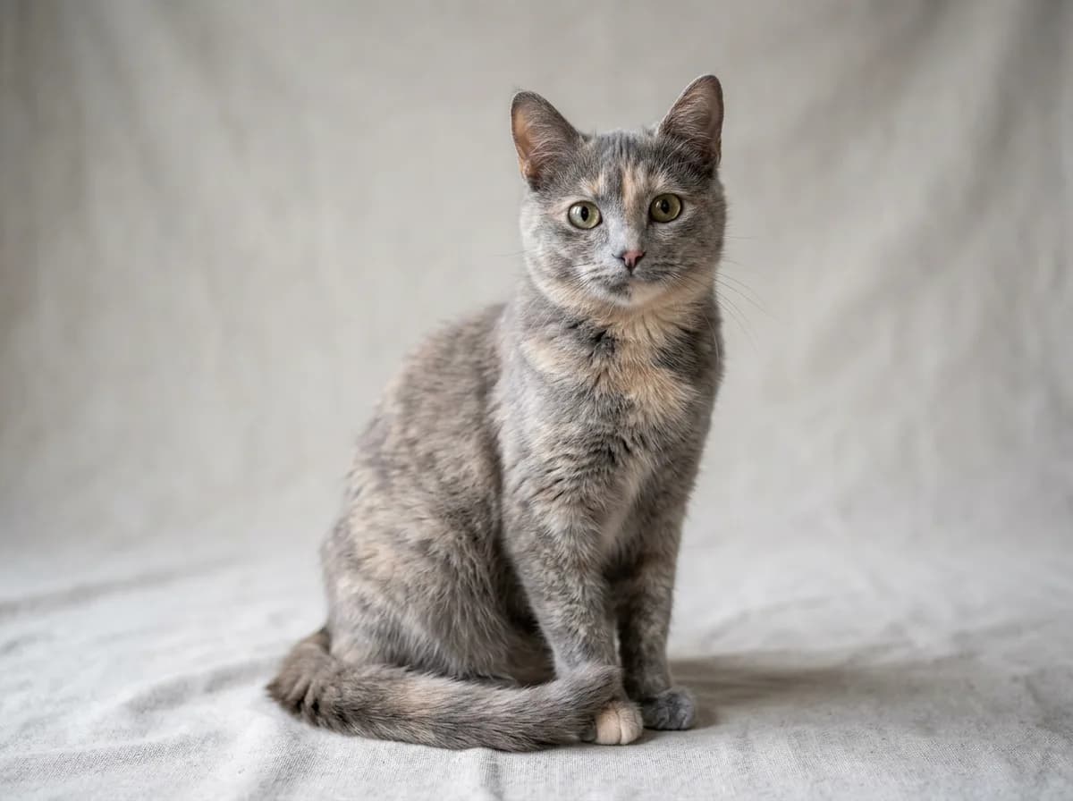 A blue-cream dilute tortoiseshell cat with soft gray and pale cream patches blended across its face and body, sitting on a neutral background