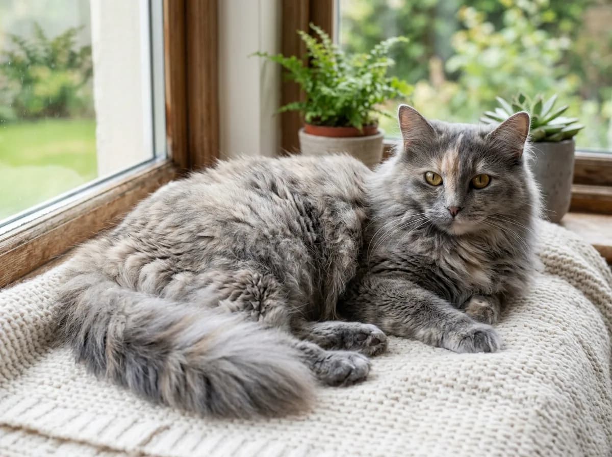 A long-haired dilute tortoiseshell cat with a flowing blue-cream coat, lounging on a soft surface
