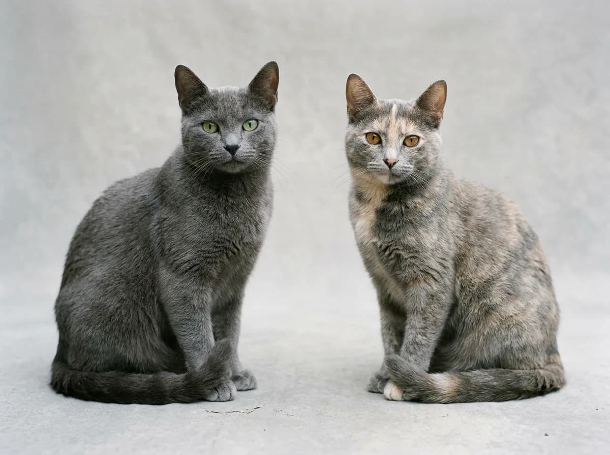 A solid blue-gray British Shorthair shown beside a blue-cream dilute tortoiseshell cat, illustrating that a solid blue cat has no cream patches while a dilute tortie does