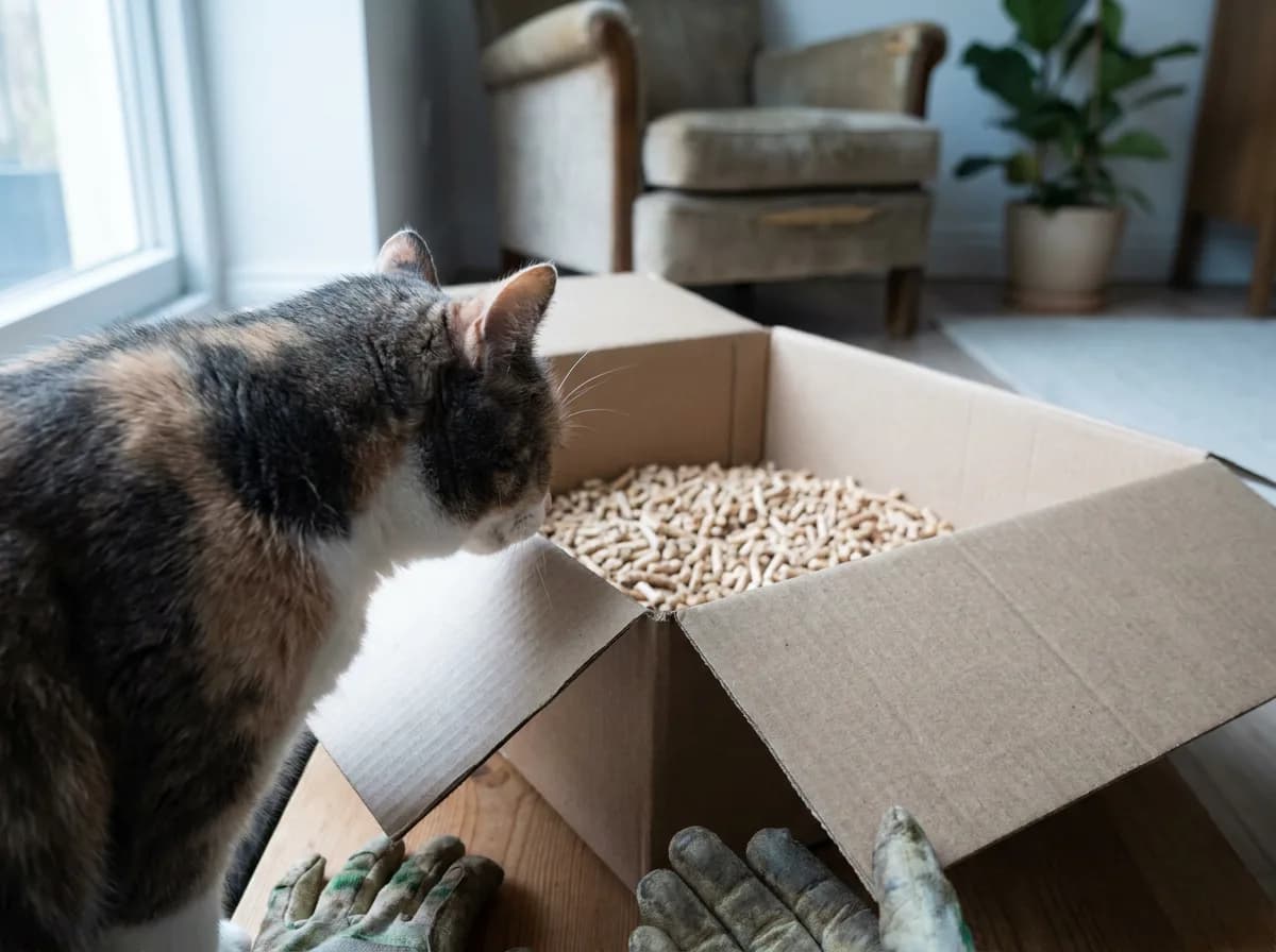 Cat investigating a plain open cardboard box containing pellet litter.