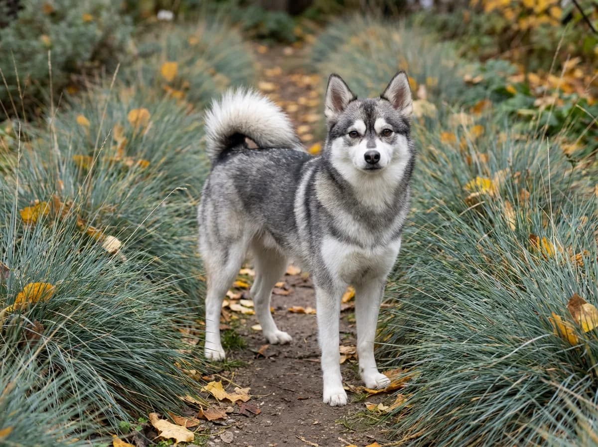 Gray-and-white Alaskan Klee Kai standing among ornamental grasses