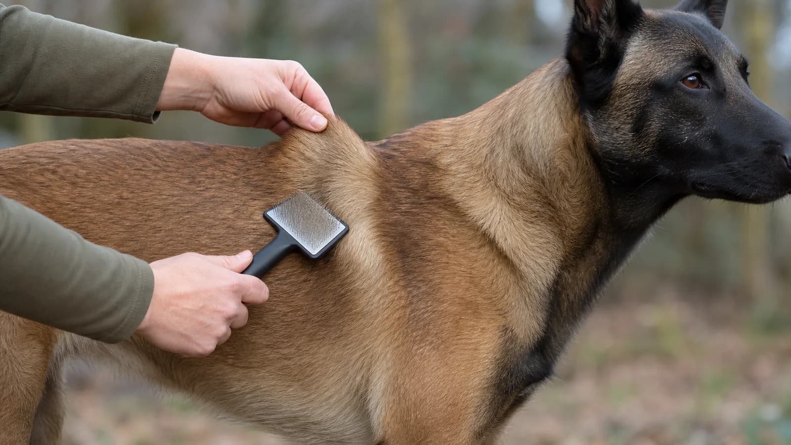 An owner using a slicker brush in short gentle passes over a Belgian Malinois shoulder and flank