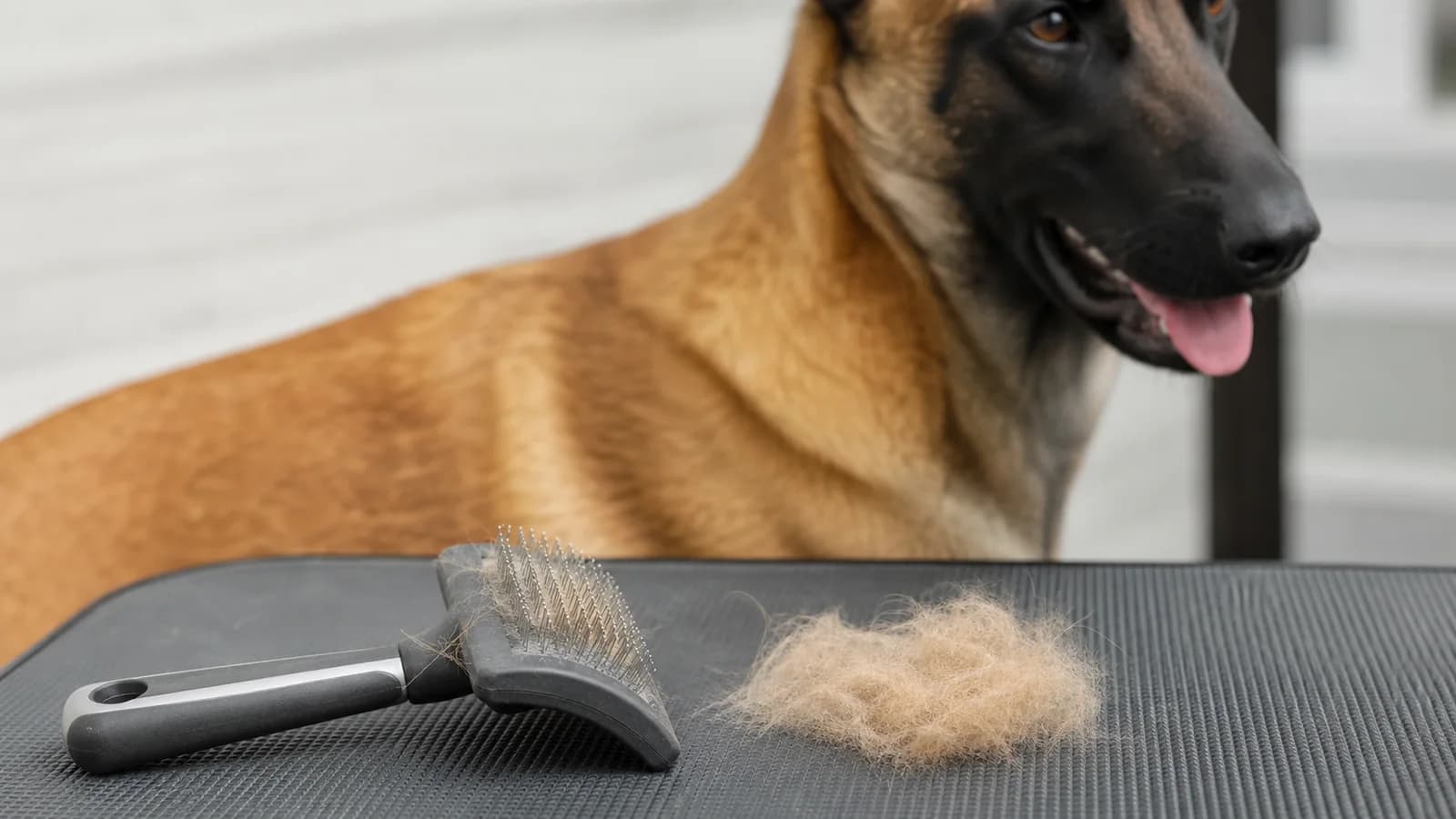 A modest pile of loose pale undercoat beside a brush after grooming a Belgian Malinois