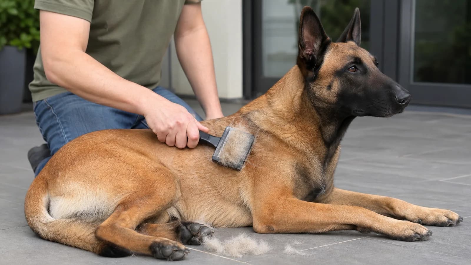 A fawn Belgian Malinois being brushed outdoors during a seasonal coat change