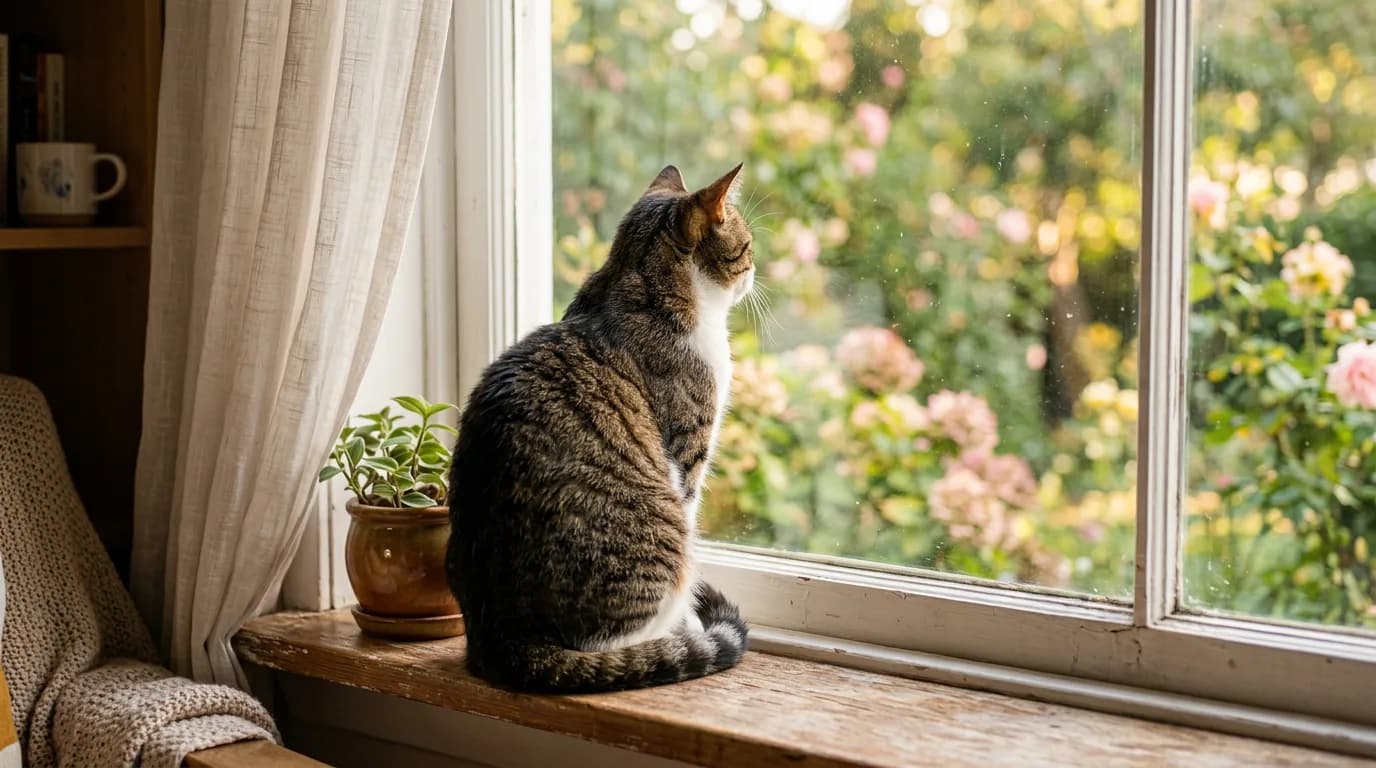 A tabby and white cat sitting alone on a windowsill looking out at a garden
