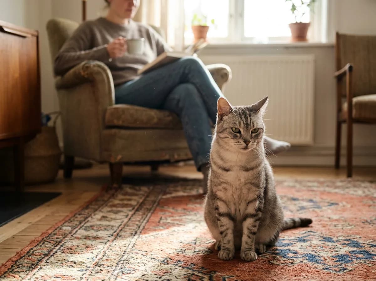 Silver tabby sitting on a living-room rug with a person seated behind it