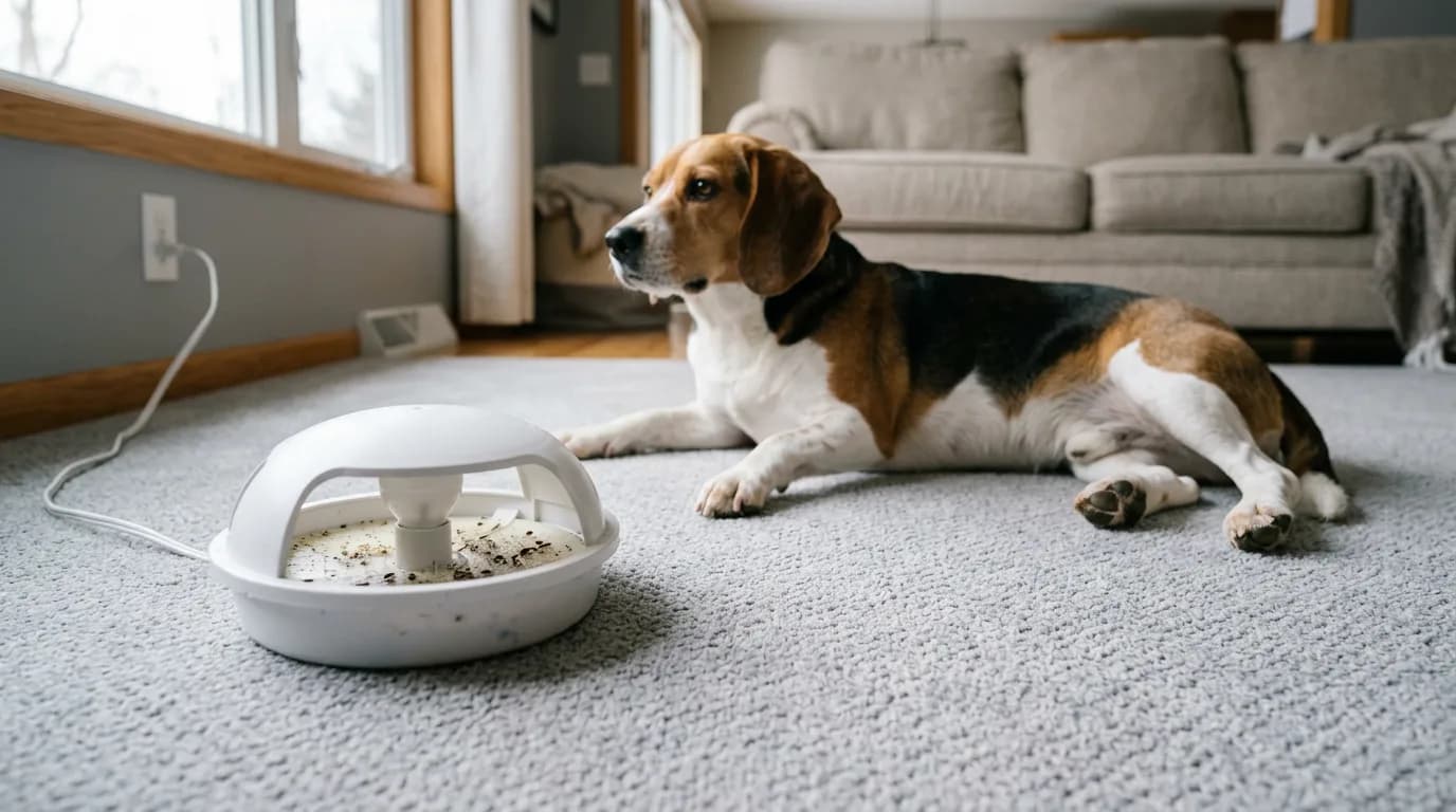 White dome flea trap with sticky pad on grey carpet, beagle lying behind it
