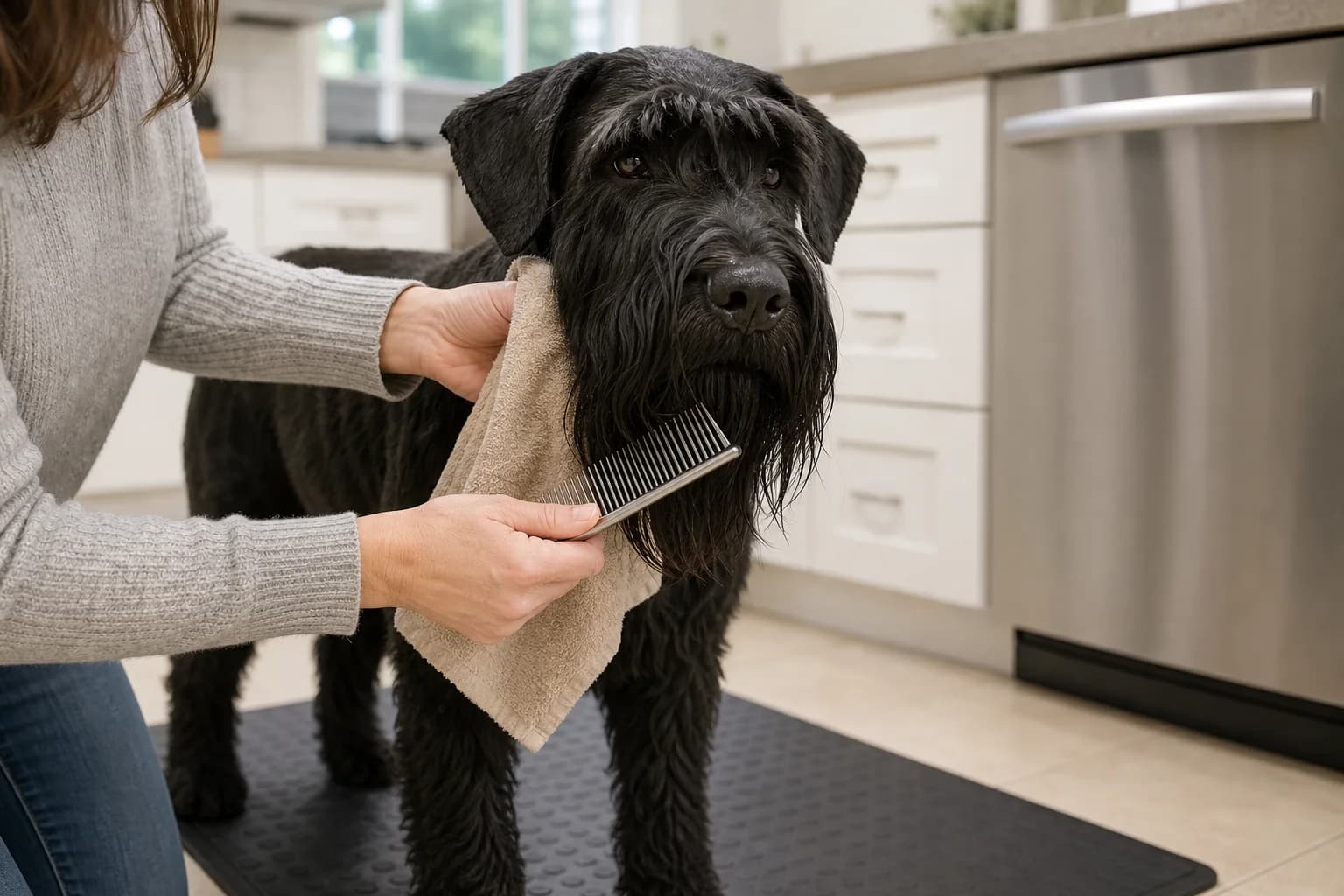 Owner gently drying and combing a Giant Schnauzer beard after a meal