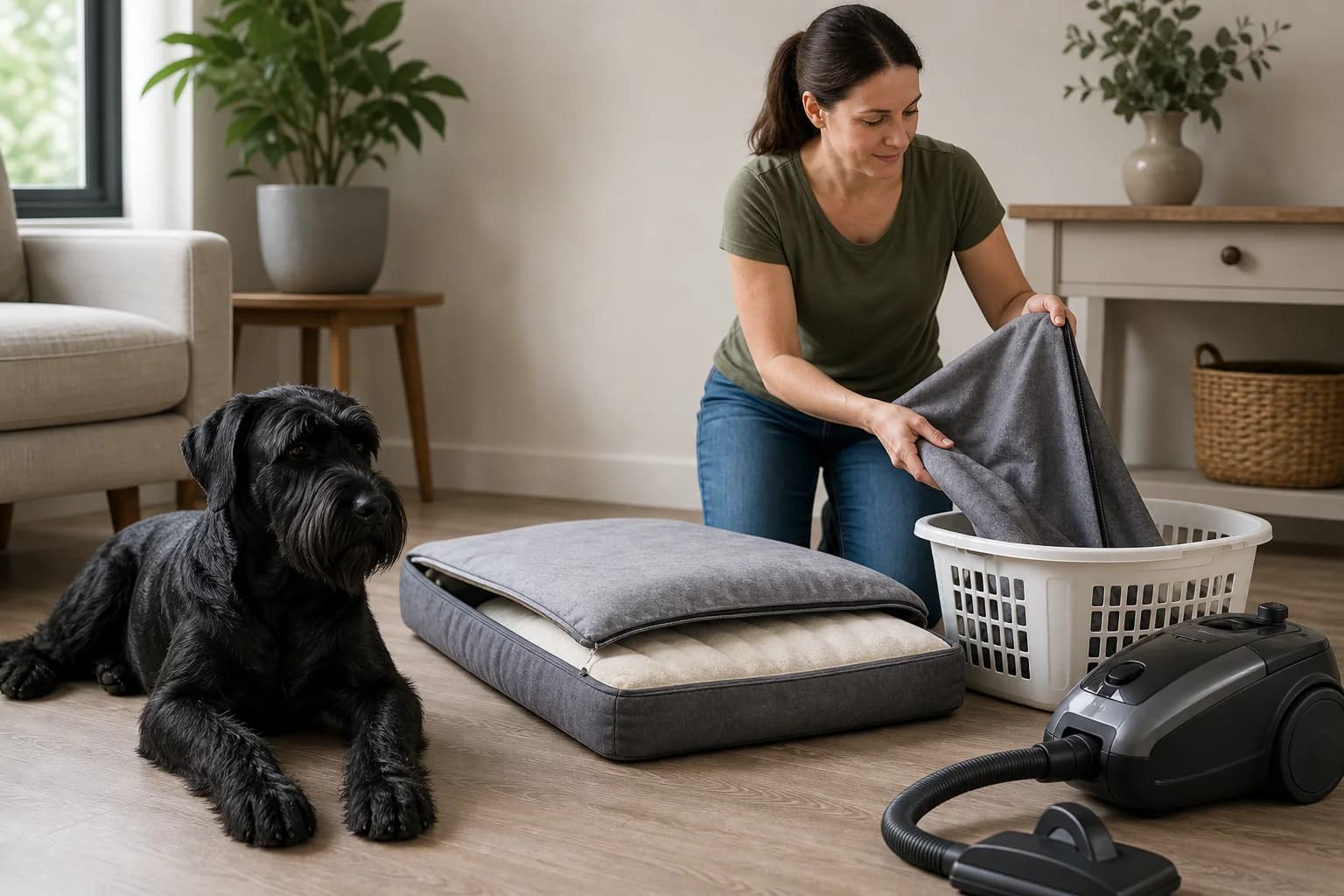 Washable Giant Schnauzer bedding beside an unbranded sealed-filter vacuum
