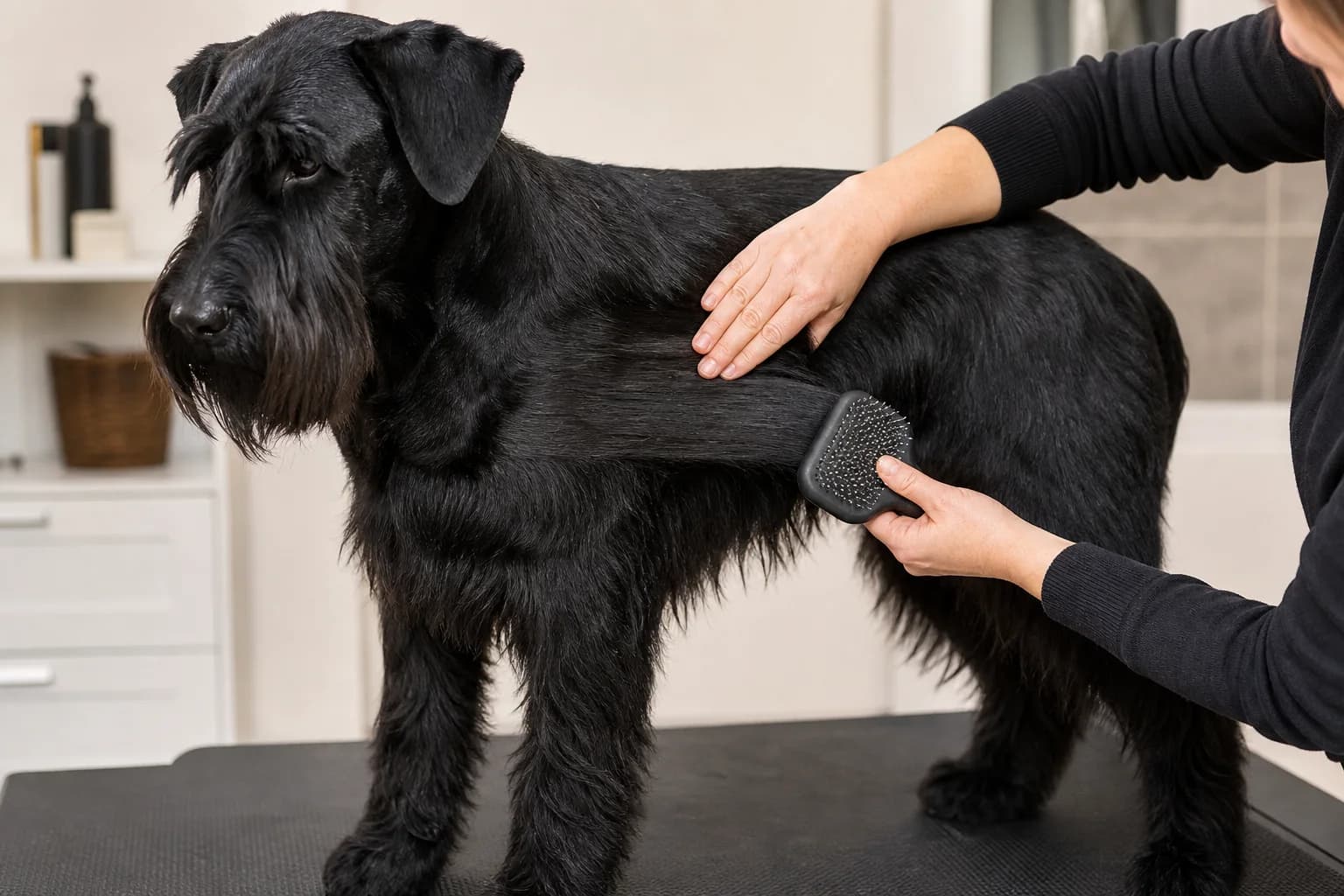Giant Schnauzer coat parted into sections for careful line brushing to the skin