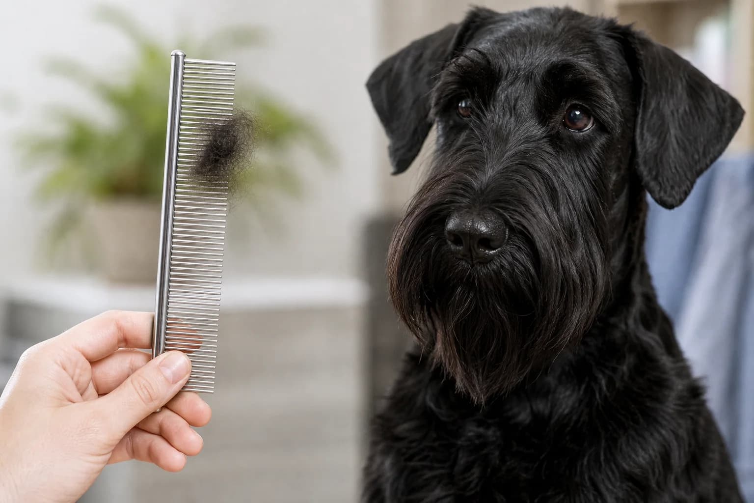 Small realistic amount of loose Giant Schnauzer undercoat collected on a metal comb