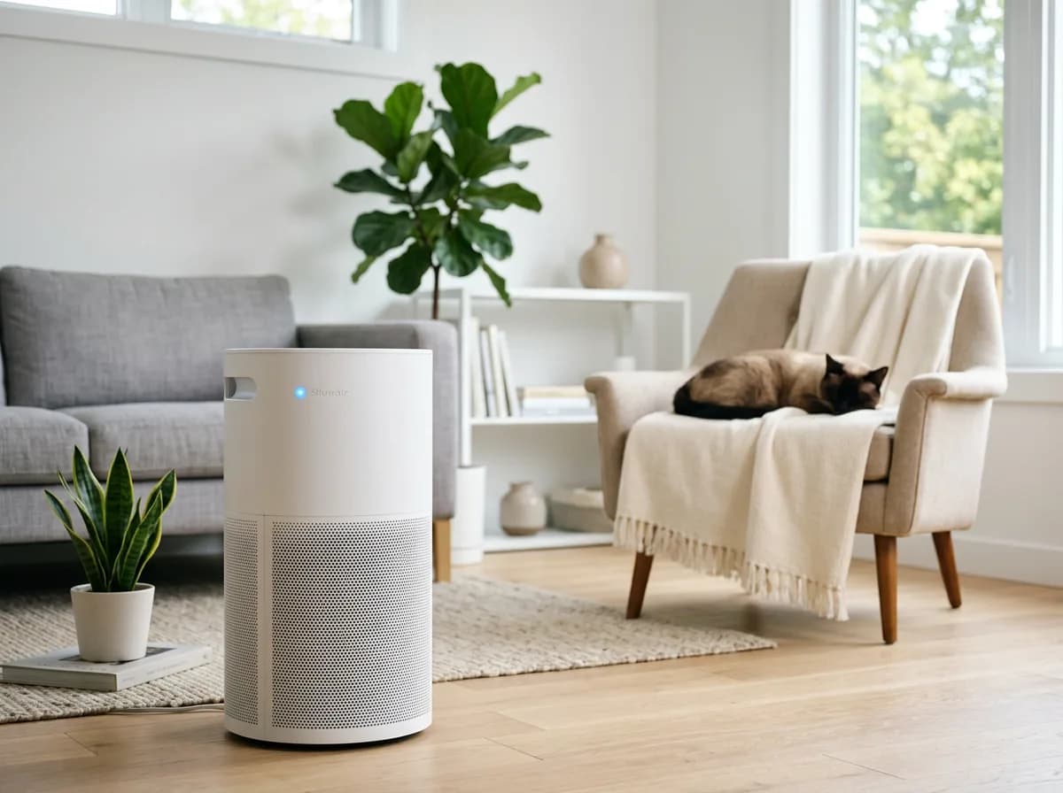 A white HEPA air purifier running in a tidy living room with a Siamese cat resting on a throw in the background