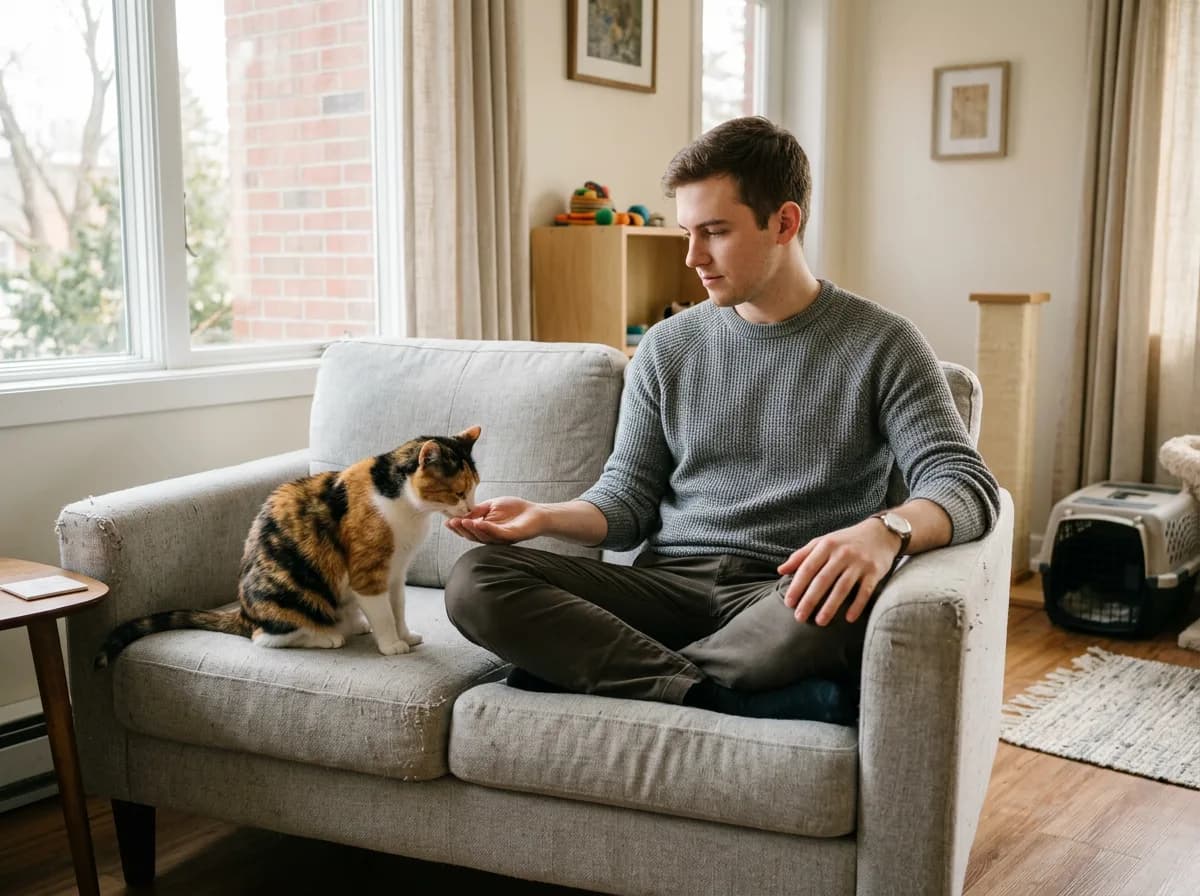 A man sitting on a couch offering his hand to a calico cat during a calm pre-adoption visit
