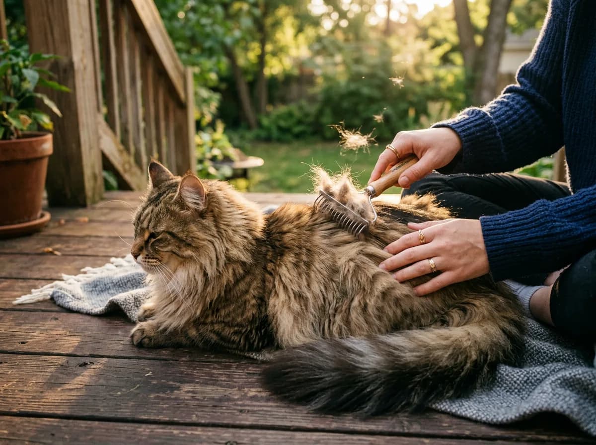 A person brushing a fluffy Maine Coon cat with a deshedding tool on a porch as loose fur collects in golden evening light