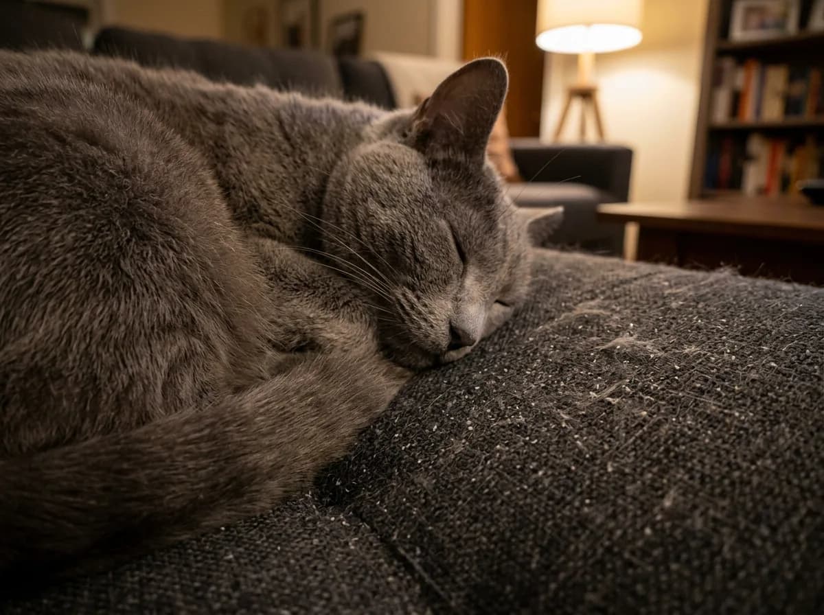 Close-up of a gray Russian Blue cat resting on a dark sofa cushion with fine fur and dander visible on the fabric