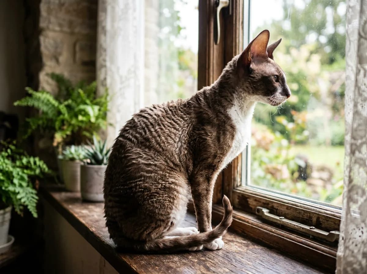 A slender Cornish Rex cat with a short curly coat and large ears perched on a windowsill in daylight