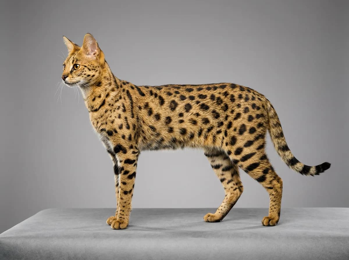 A tall, spotted Savannah-type cat with large ears standing alert in profile against a neutral studio backdrop