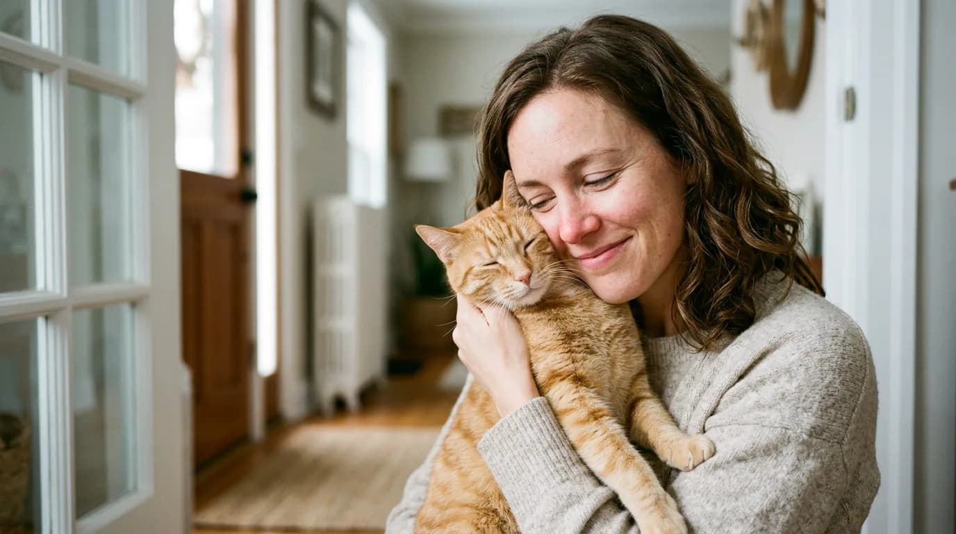 A woman holding a short-haired orange tabby cat close to her cheek in soft morning light near a home entryway