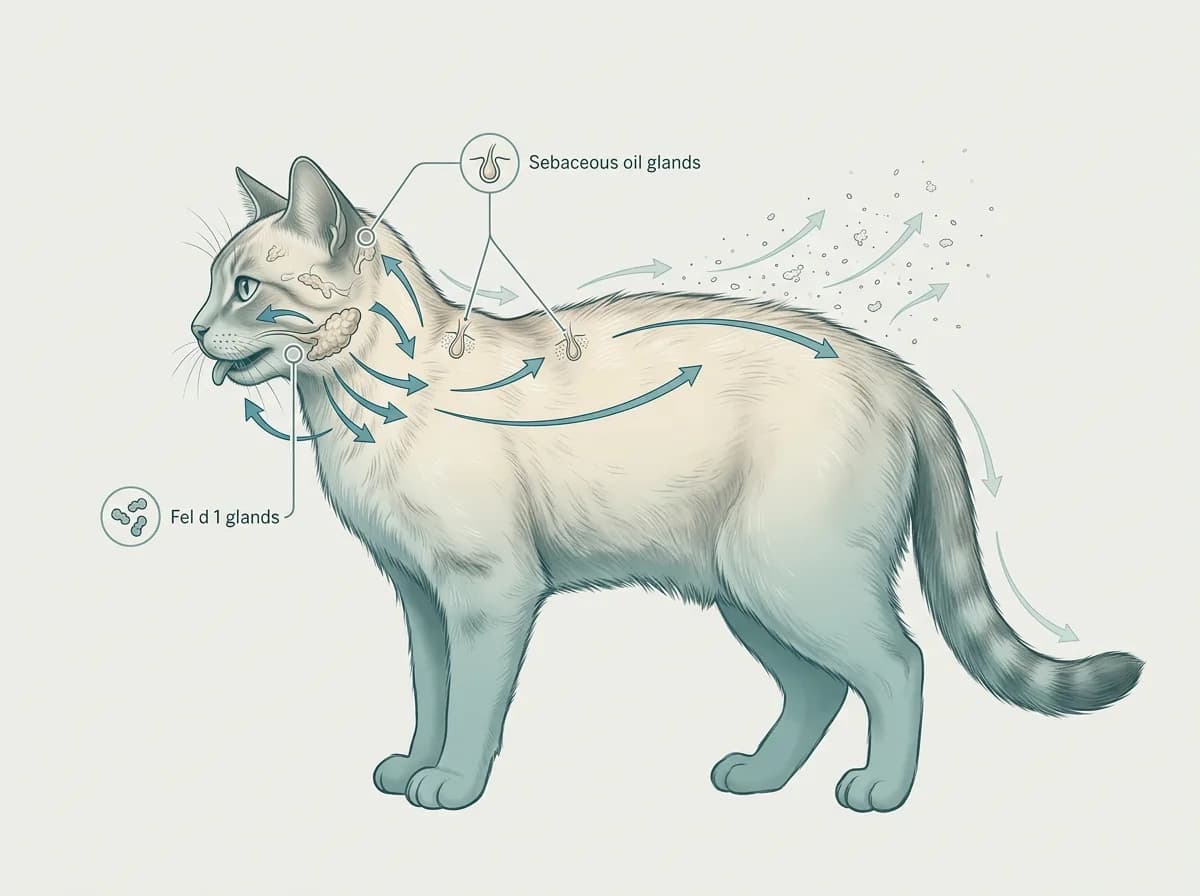 Labeled diagram of a cat showing Fel d 1 produced in salivary and skin glands and spreading to the fur through grooming