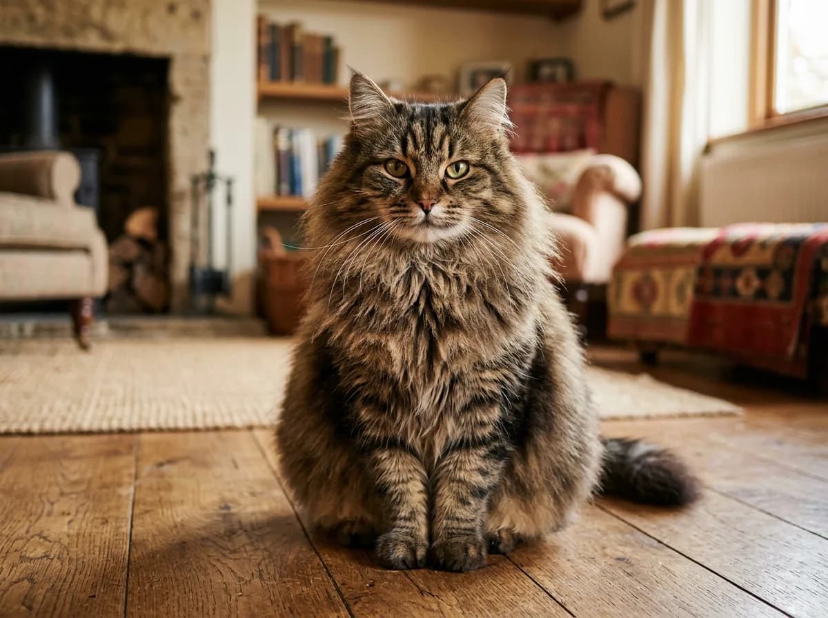 A thick-coated brown tabby Siberian cat sitting upright on a wooden floor in warm indoor light