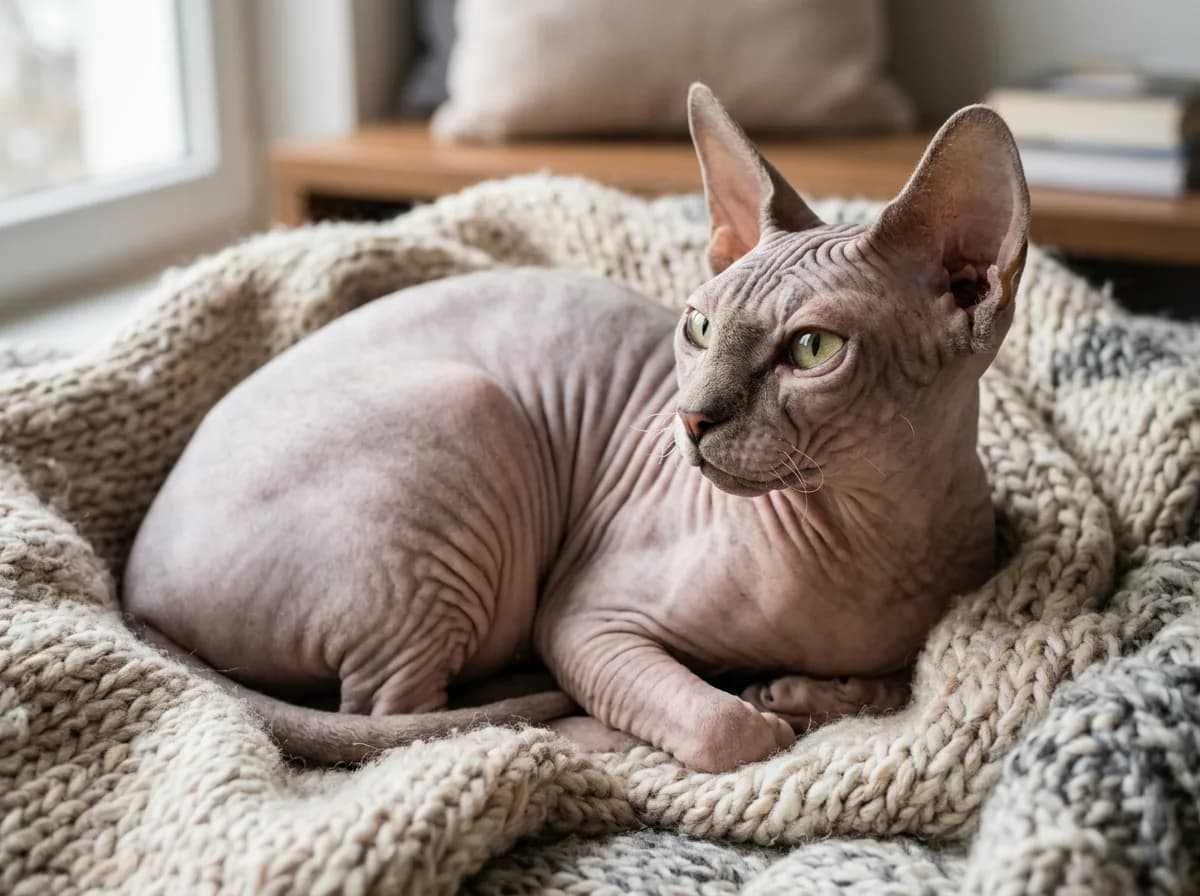 A wrinkled hairless Sphynx cat with large ears curled on a soft knitted blanket in soft diffused light