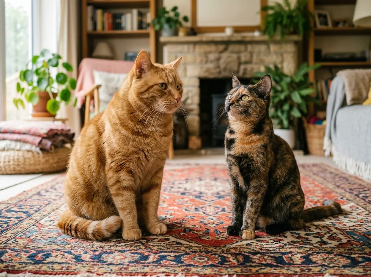 A larger ginger cat and a smaller tortoiseshell cat sitting side by side on a patterned rug in a living room