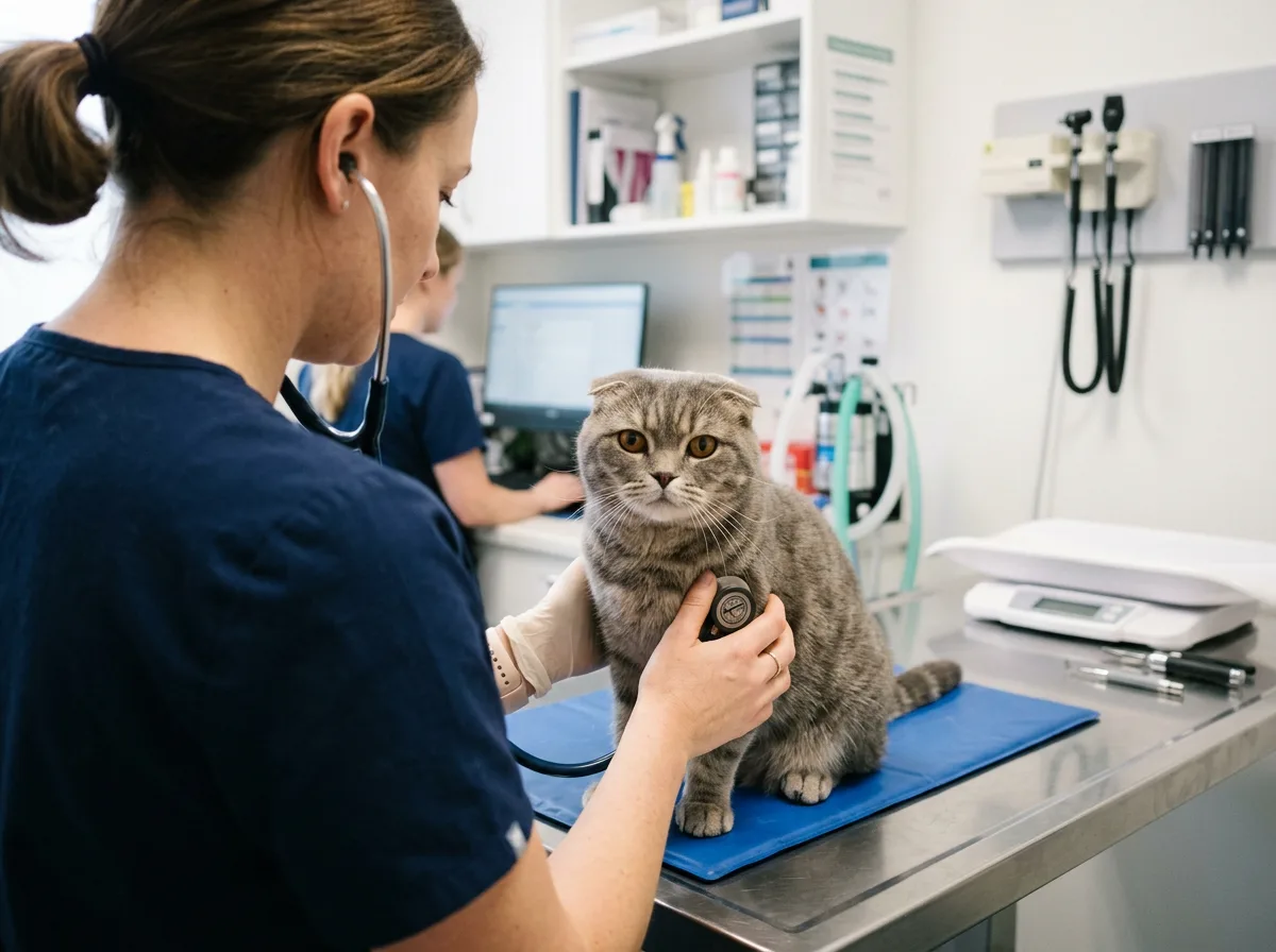 A veterinarian using a stethoscope to examine a calm Scottish Fold cat on a stainless steel exam table