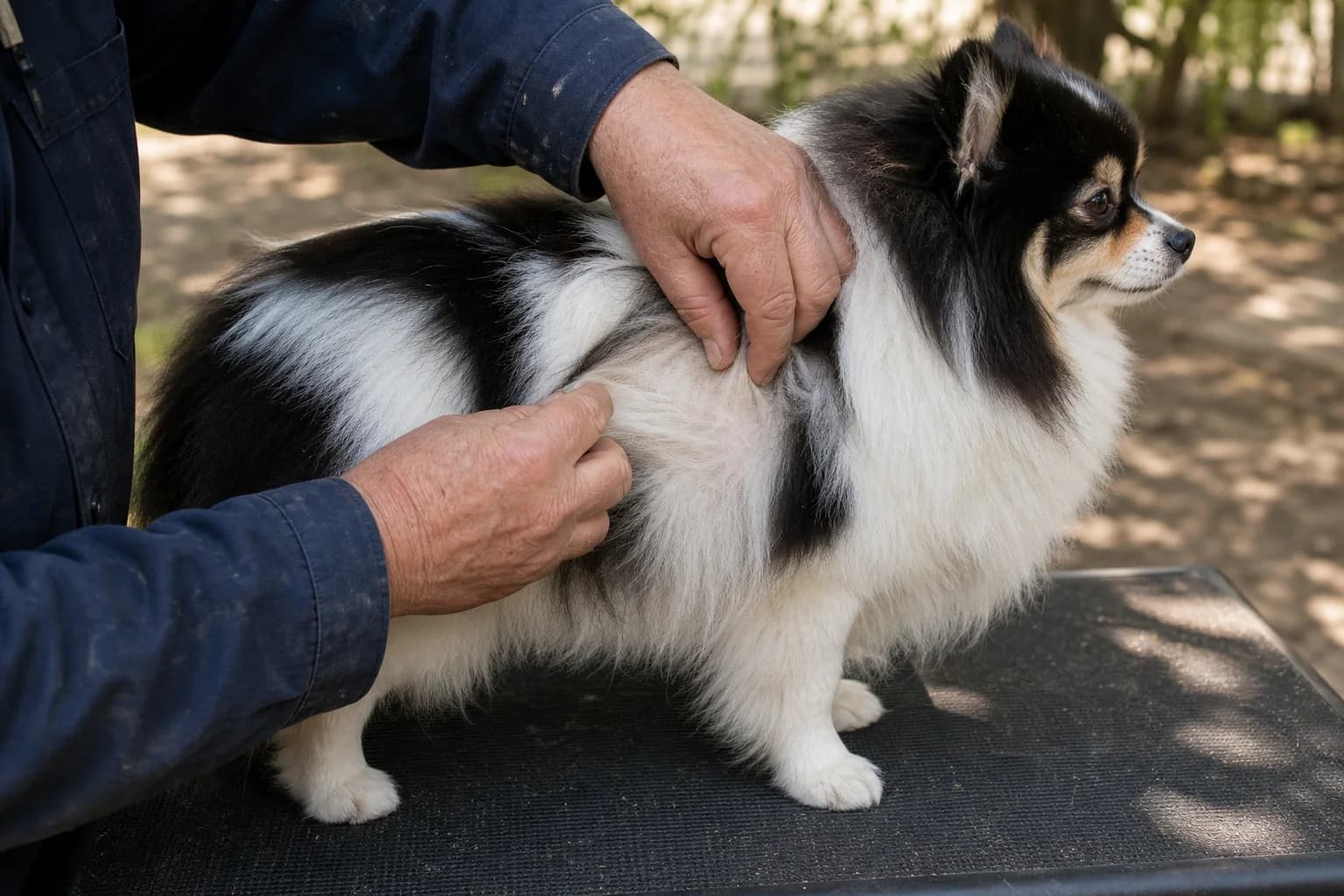 Older caregiver gently parting a parti-color Pomeranian's coat to reveal the dense layer beneath longer guard hairs