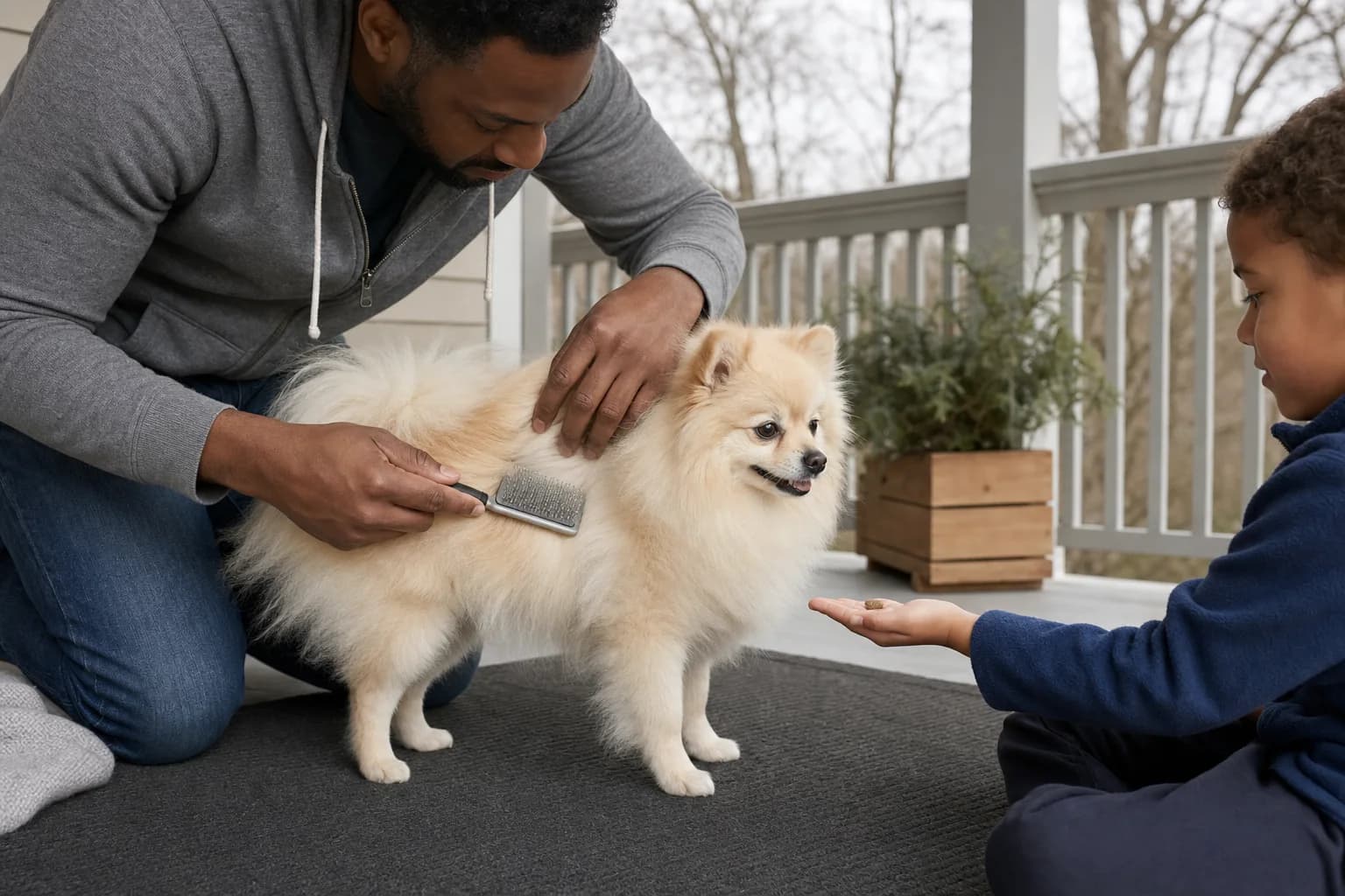 Father gently brushing one section of a cream Pomeranian's coat while a child offers a treat on a covered porch