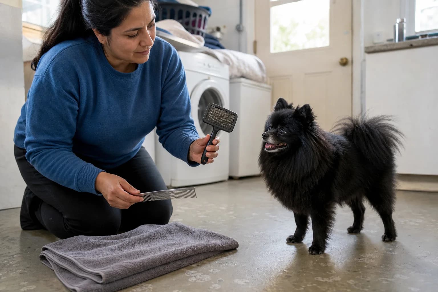 Owner presenting an unbranded slicker-style brush and metal comb beside a standing black Pomeranian