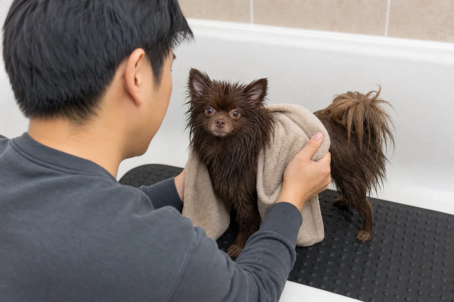 Caregiver gently towel-drying a wet chocolate Pomeranian on a nonslip bathtub mat with the face and ears uncovered