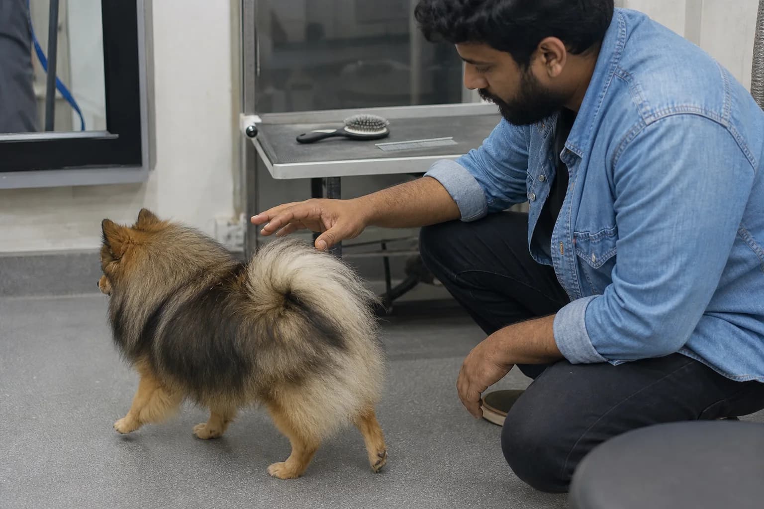 Groomer assessing a full-coated wolf-sable Pomeranian with a brush and comb set aside in the consultation area