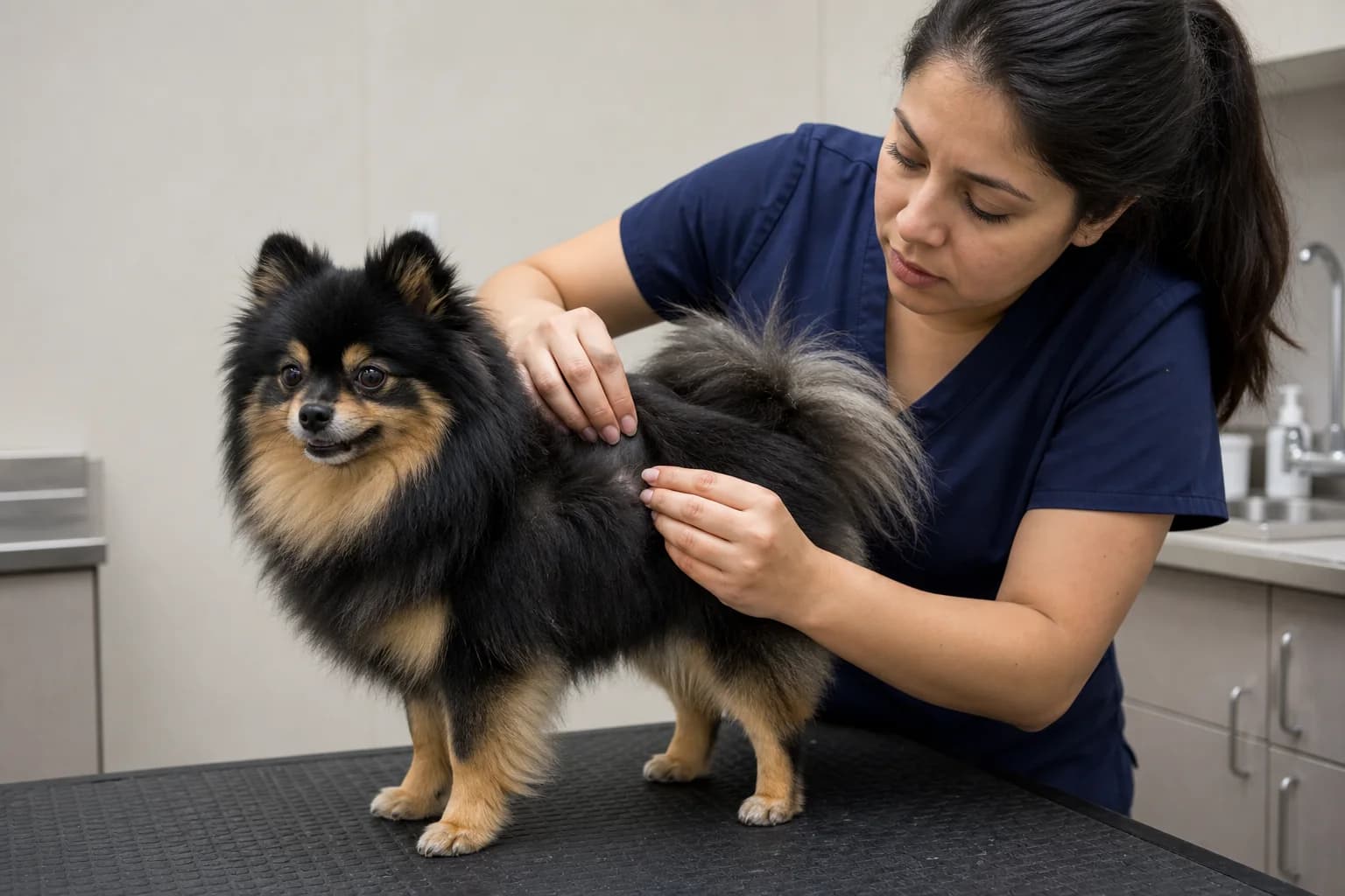 Veterinary technician gently parting a black-and-tan Pomeranian's flank coat during a routine skin and coat check
