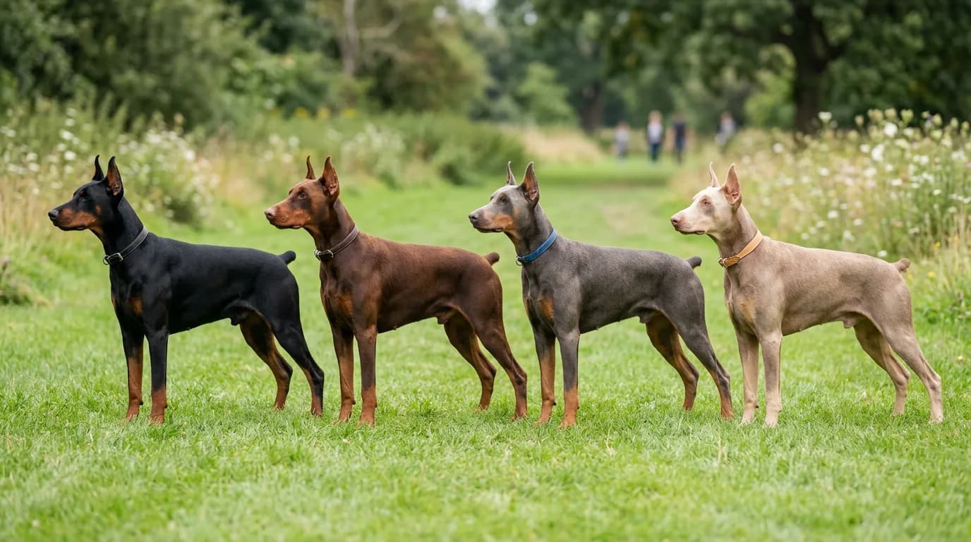A side-by-side lineup of four adult Doberman Pinschers in black and rust, red and rust, blue and rust, and fawn Isabella and rust, standing in profile