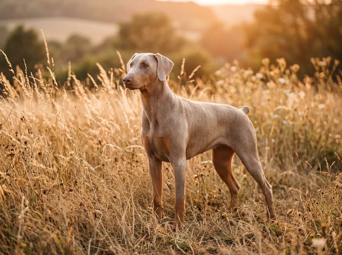 A fawn Isabella Doberman standing in tall dry grass at golden hour, silvery-beige coat with a lilac cast and rust points, elegant and slender build