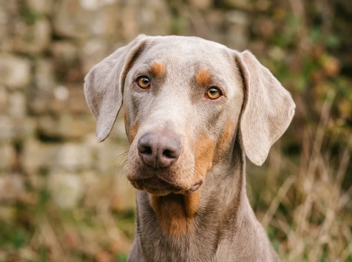 A close-up of a fawn Isabella Doberman's head, pale lilac-beige coat and warm rust eyebrows, amber eyes, soft diffused light emphasizing the delicate 