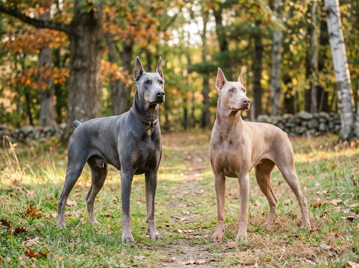 A blue Doberman and a fawn Isabella Doberman standing side by side, one cool steel-gray and one warm silvery-beige, illustrating the two dilute colors