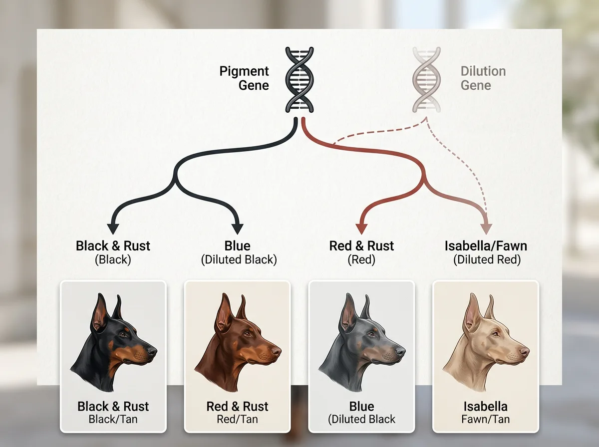 A clean infographic-style illustration showing two Doberman color genes, a pigment gene and a dilution gene, branching into four coat colors with simp