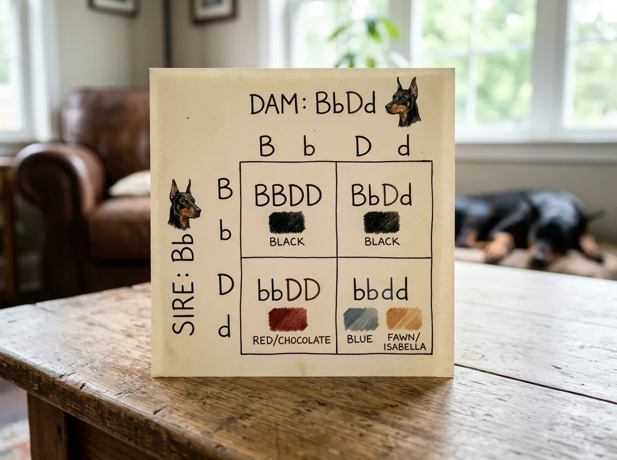 A simple Punnett-square style graphic mapping a Doberman pairing to possible puppy colors, with small color-swatch outcomes for black, red, blue, and 