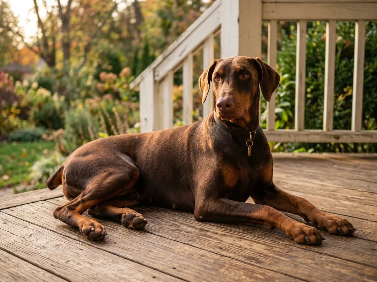 A red and rust chocolate Doberman lying on a wood porch, warm reddish-brown coat catching late-afternoon light, rust markings visible on legs and muzz