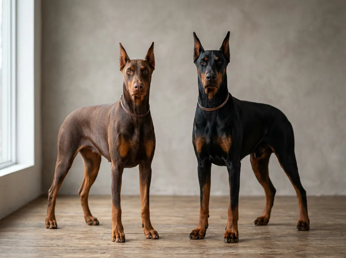 A red and rust Doberman standing next to a black and rust Doberman on a neutral background, illustrating the warm-brown versus true-black base coat di