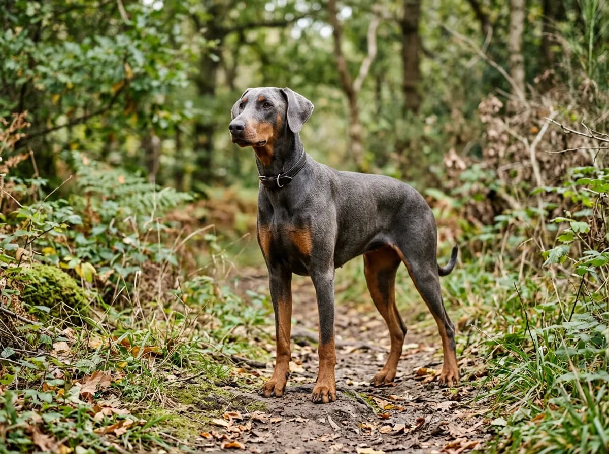 A blue and rust Doberman standing in soft outdoor light, steel-gray charcoal coat with subtle rust points, elegant posture, natural surroundings