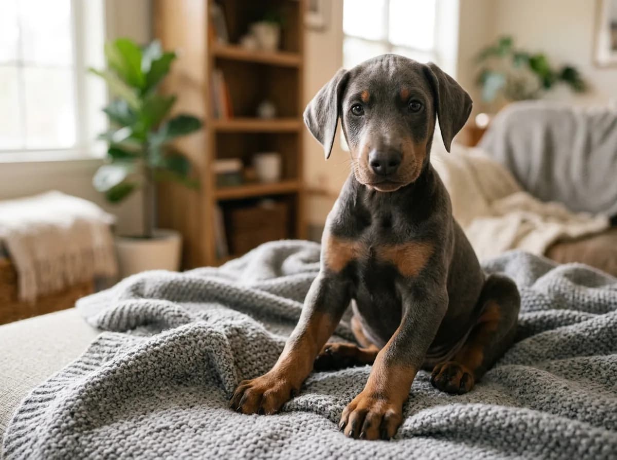 A blue and rust Doberman puppy sitting on a gray blanket, smoky gray coat with faint rust eyebrows, big paws, gentle indoor lighting