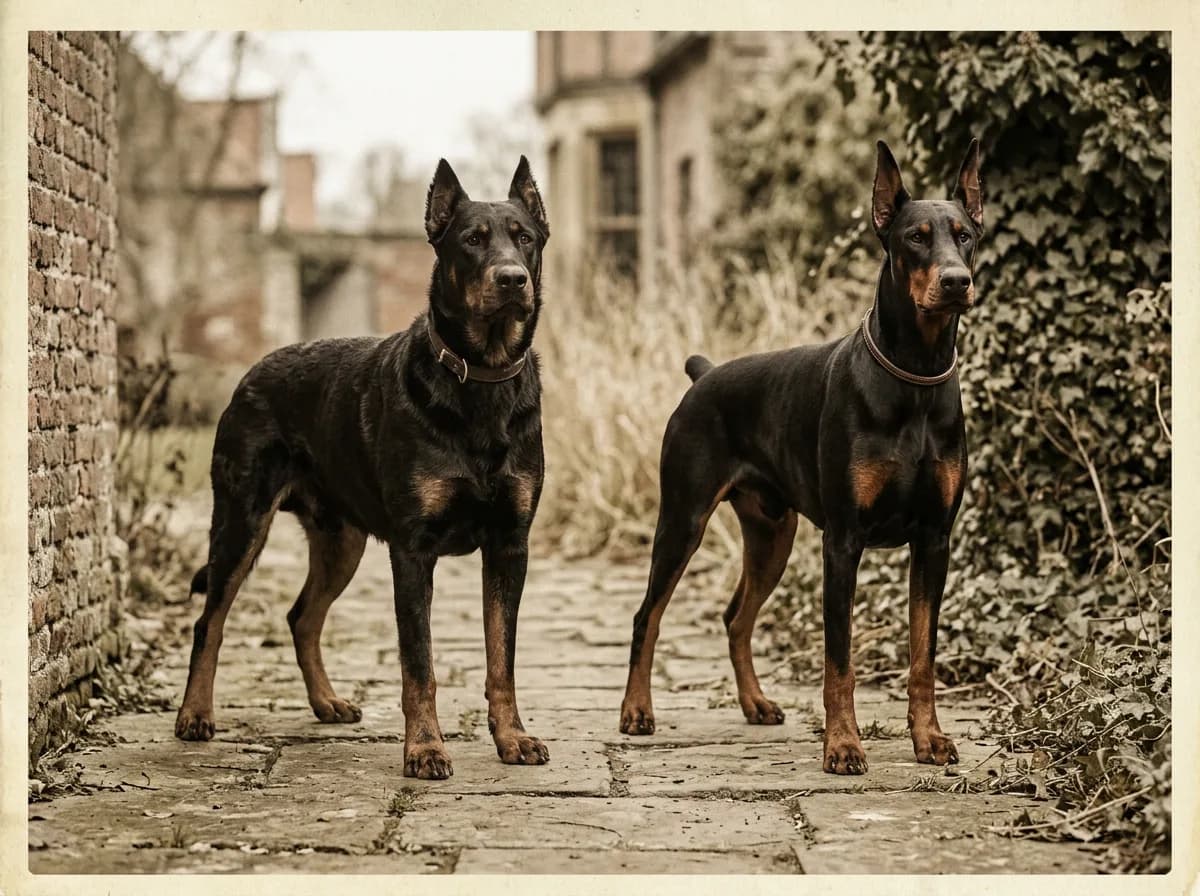 A vintage-style sepia illustration of an early German Doberman-type dog in black and tan beside a modern black and rust Doberman, contrasting historic
