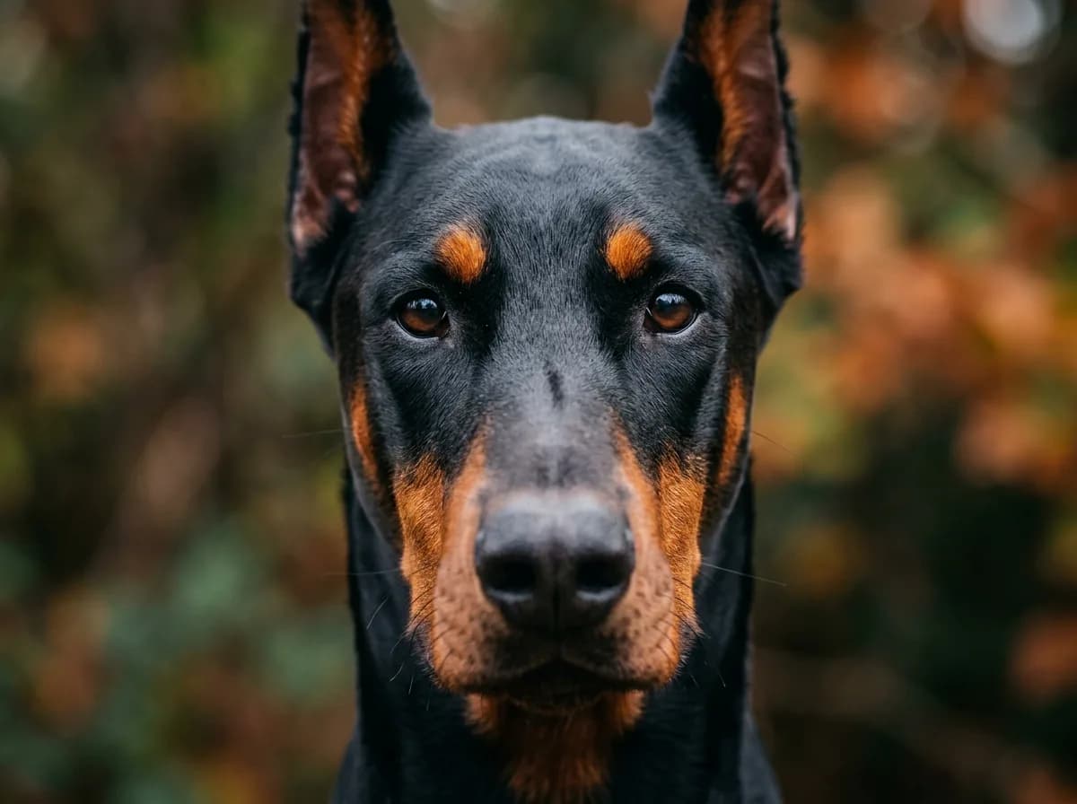 Close-up of a black and rust Doberman's face showing the sharply defined rust markings above the eyes and on the muzzle, catchlight in dark eyes, shal