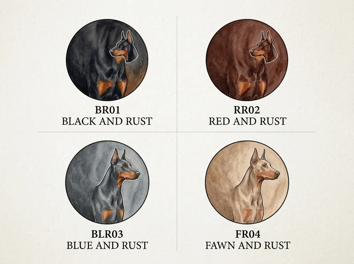 A registration-style illustration of four labeled Doberman color swatches, black and rust, red and rust, blue and rust, fawn and rust, arranged in a c