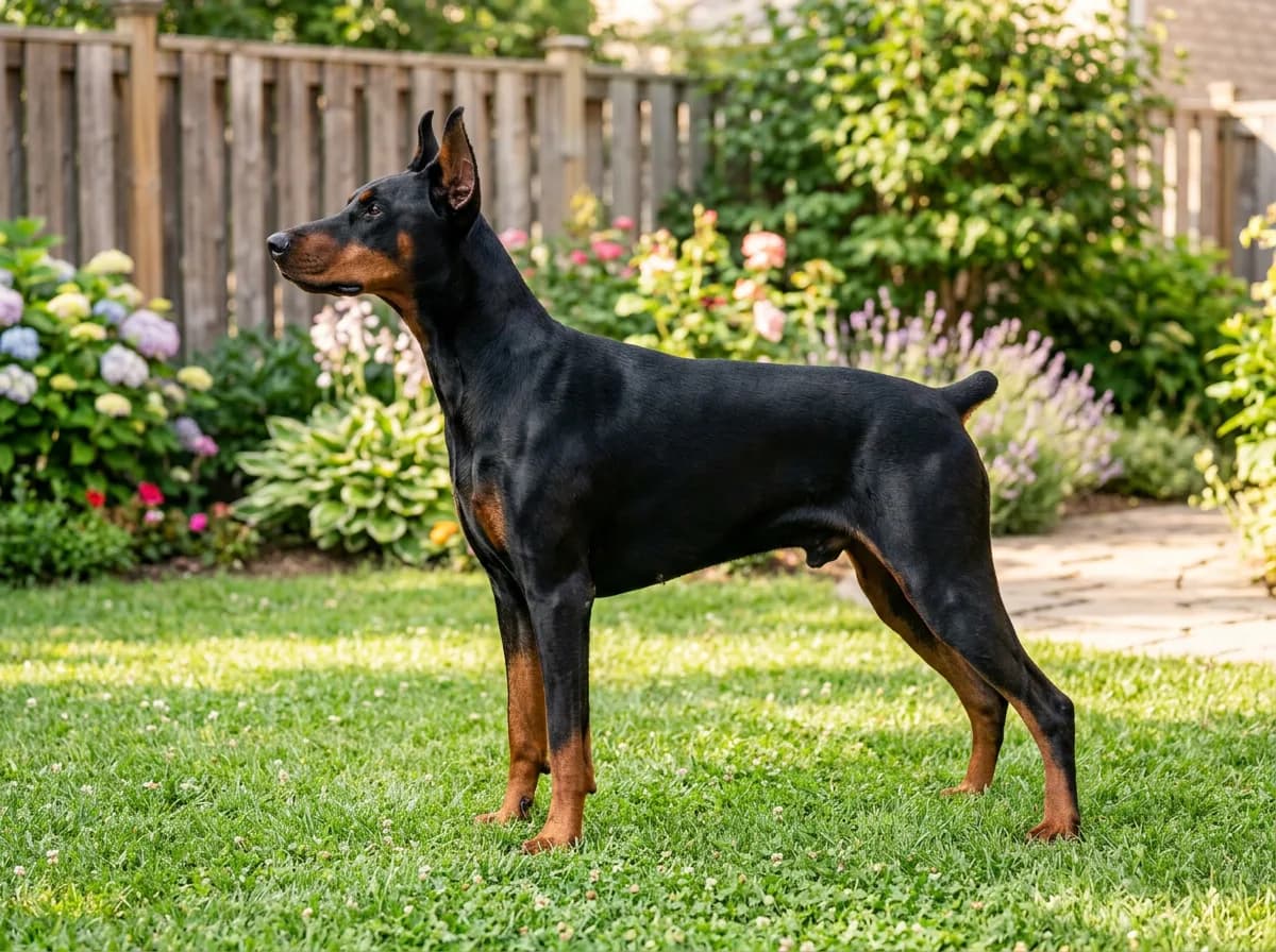 A healthy black and rust Doberman standing alert in a sunny backyard, full body in profile, glossy black coat with vivid rust points, natural ears