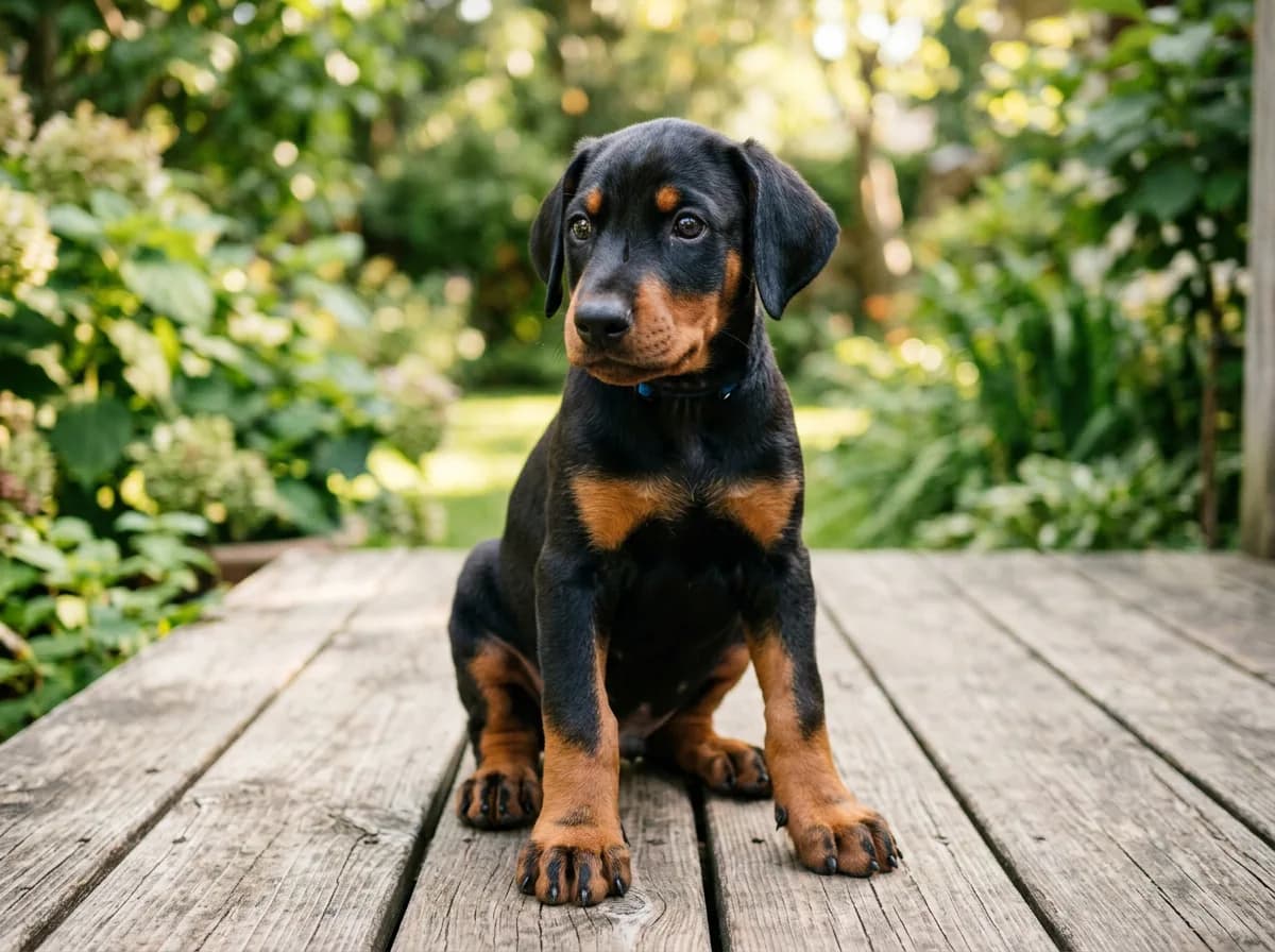 A black and rust Doberman puppy sitting on a wooden deck, oversized paws and soft puppy coat, bright rust eyebrows and cheeks, curious expression